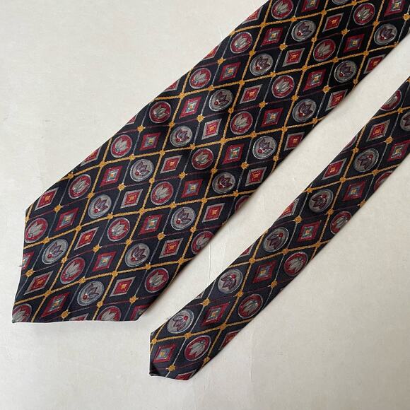 Vintage 1990s Liberty of London Silk Tie Italian Silk Black Maroon and Gold - Picture 1 of 9